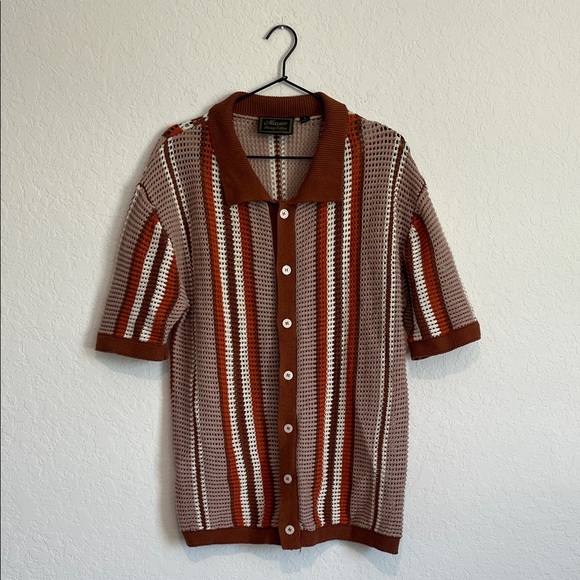 Massive Luxury Men’s Knit Striped Button Down Short Sleeve Shirt Sweater - Picture 1 of 5